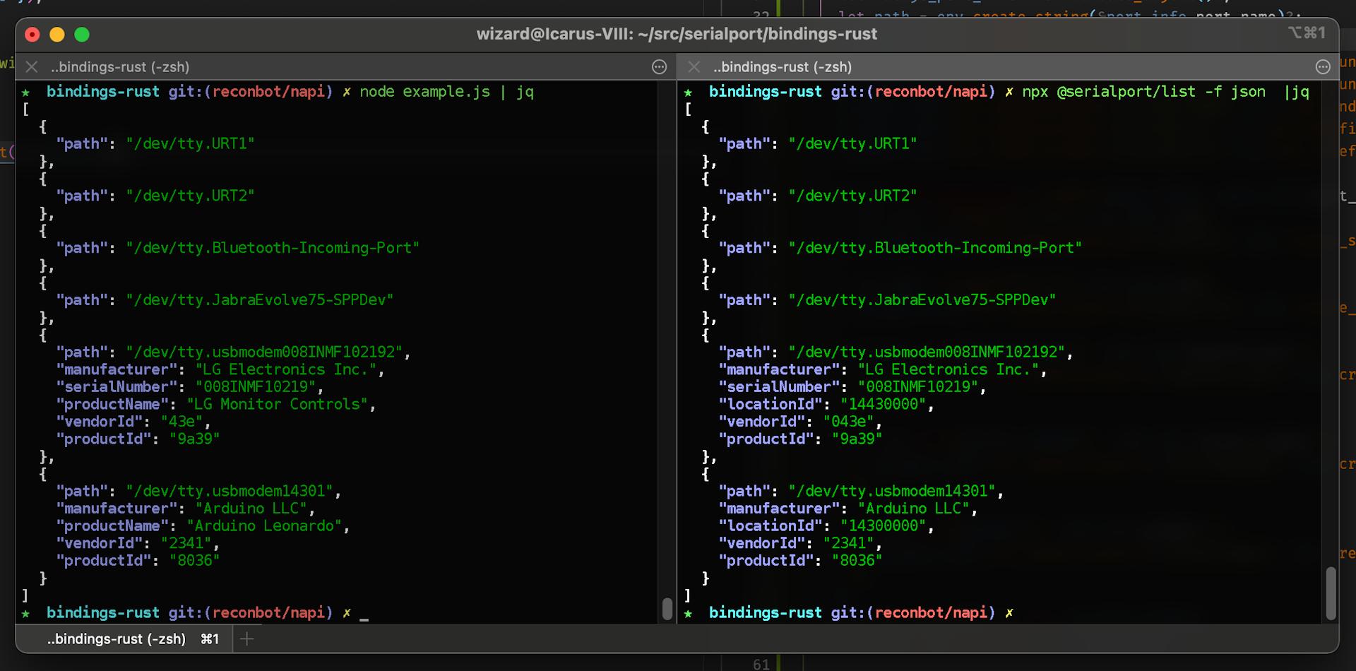 a side by side comparison of @serialport/list and my rust bindings prototype