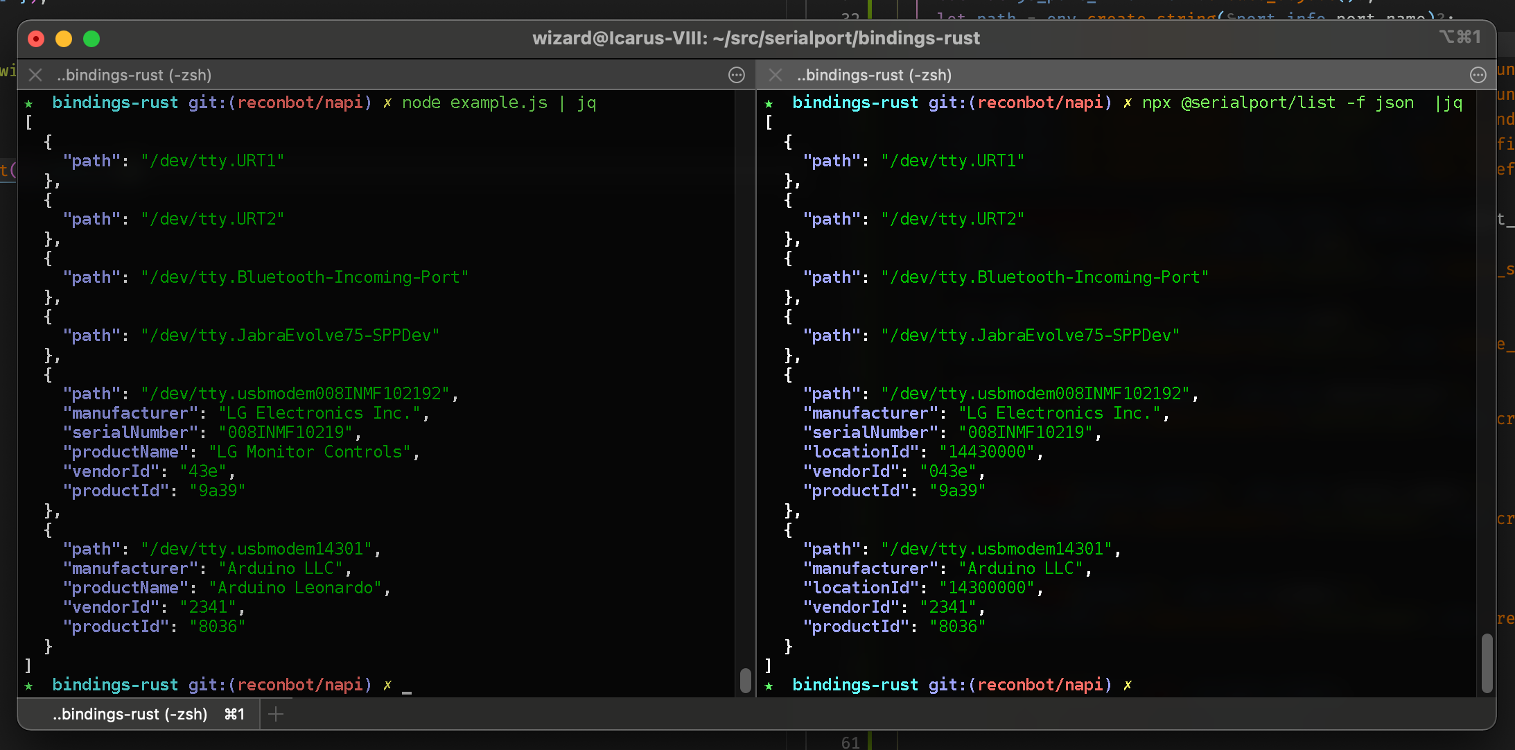 a side by side comparison of @serialport/list and my rust bindings prototype